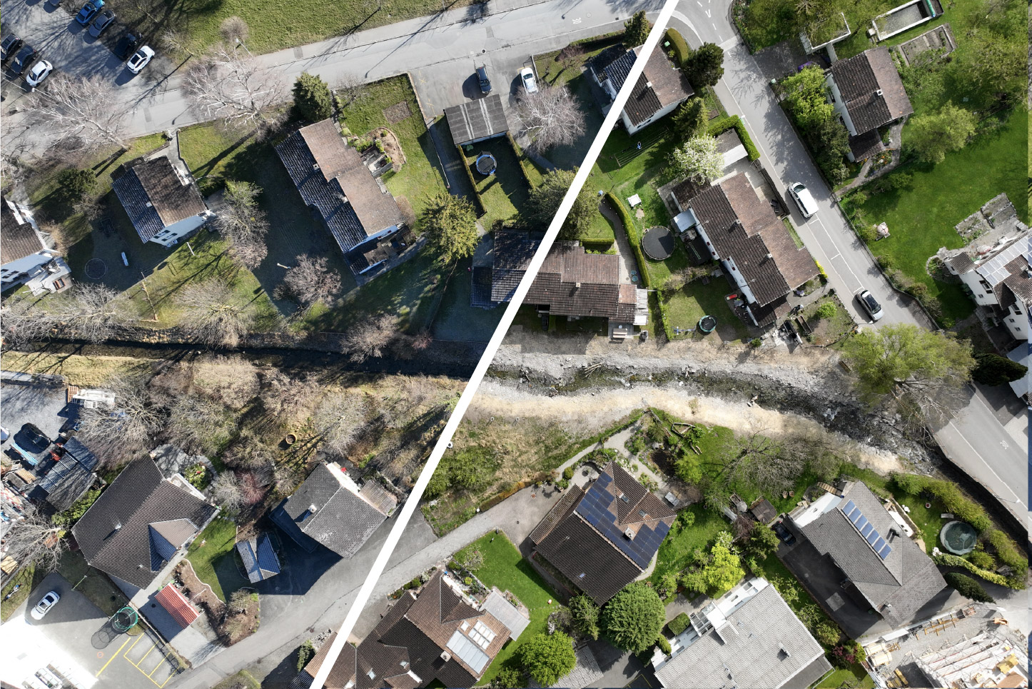 Vorher-Nachher Foto des Lebendigen Dorfbachs in Sevelen am Seleverbach