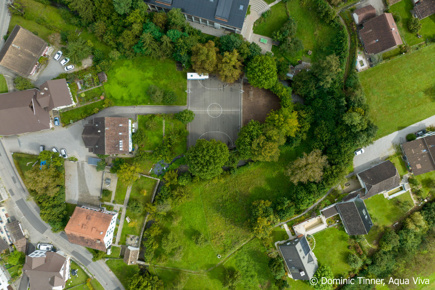 Luftaufnahme vom Haselbach, der am Schulareal in Maschwanden vorbeifliesst